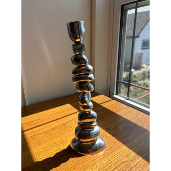 Metal silver stacked stone sculpture candle stick holder river rocks natural - Picture 3 of 5